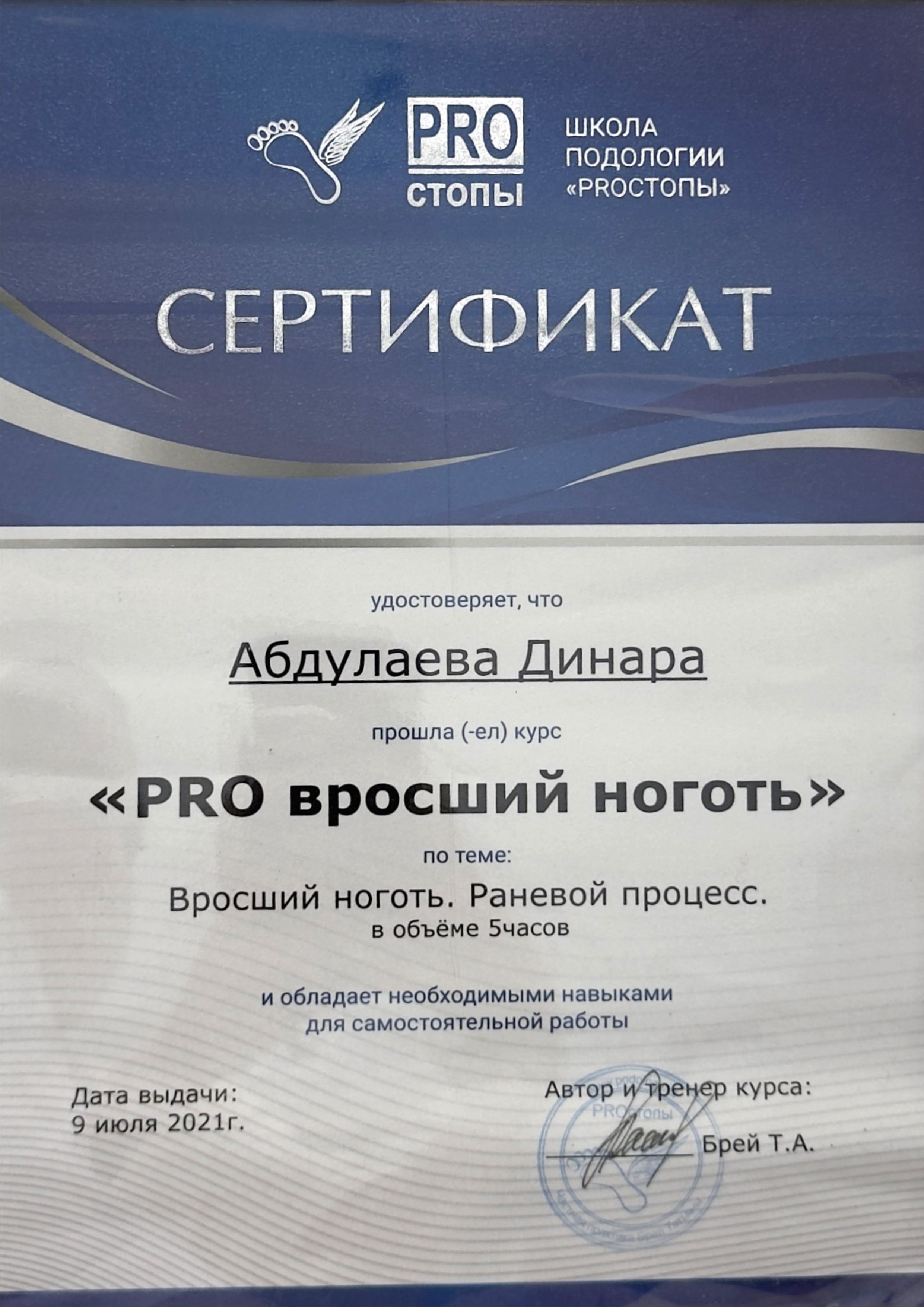 Сертификат подолога Динары 12